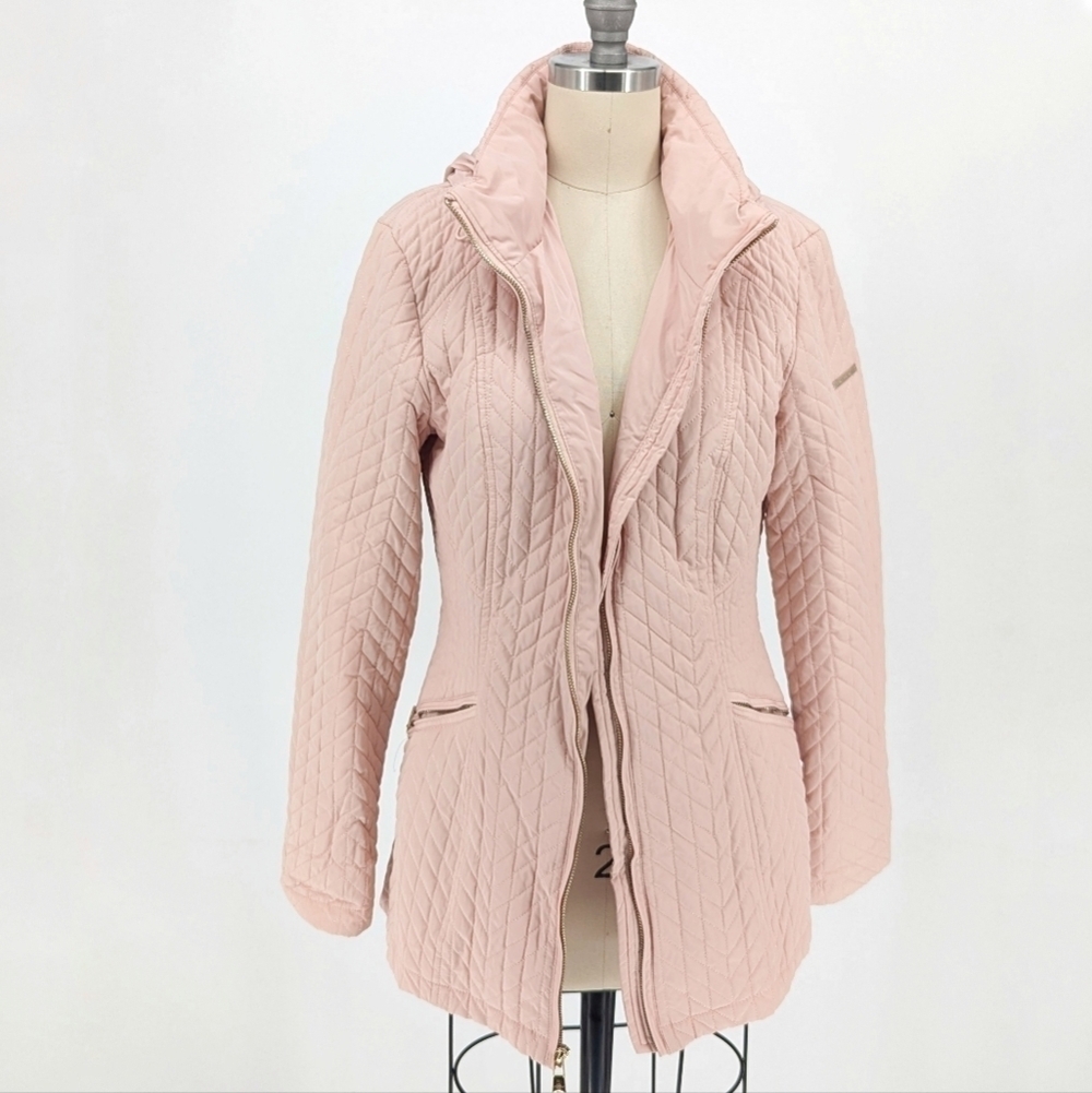 Karl Lagerfeld Quilted Hooded Coat Pink S winter travel outdoors classic preppy